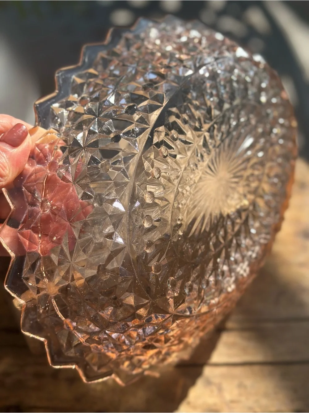 Vintage Pink Pressed Glass Oval Serving Bowl Scalloped Sawtooth Edge